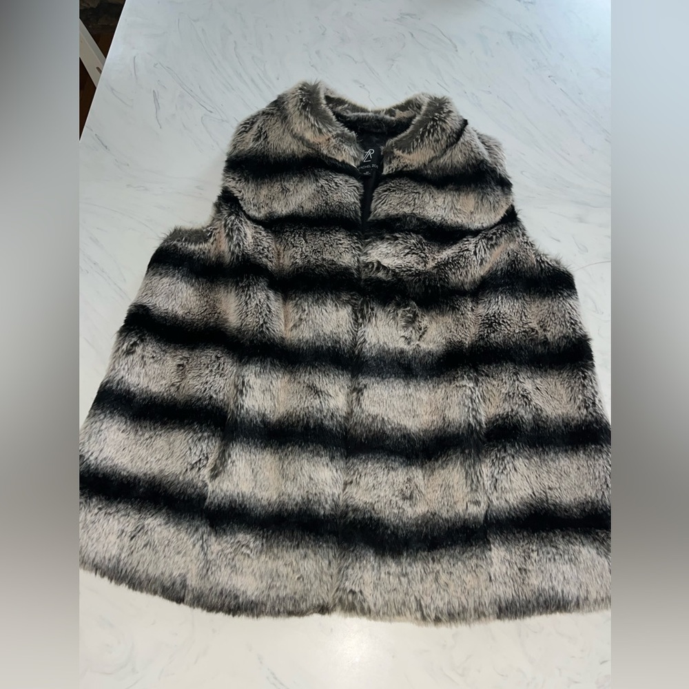 Rachel zoe faux fur furry vest black fuzzy stripe 2x